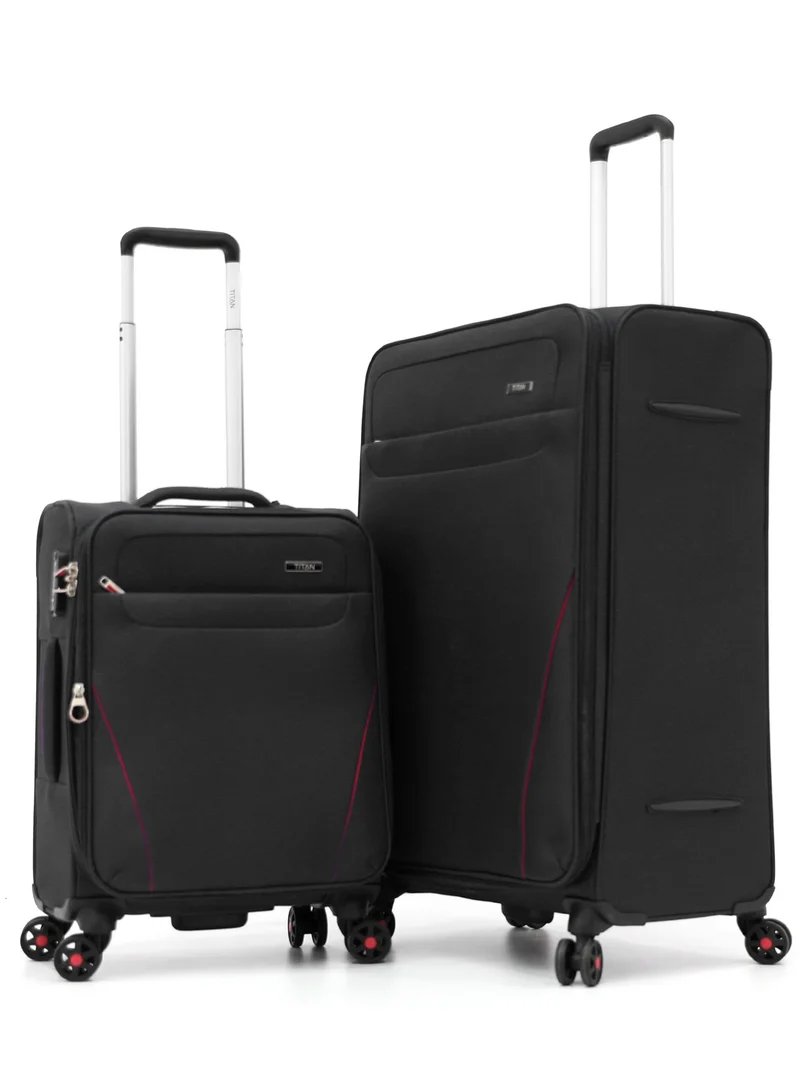 تيتان TITAN Soft Side Travel Luggage Set, Double Spinner Trolley Bags, Black, TSA Lock, 2-Piece Set